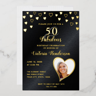 Elegant 50 und fabelhaft Schwarz und Gold Geburtst Folieneinladung