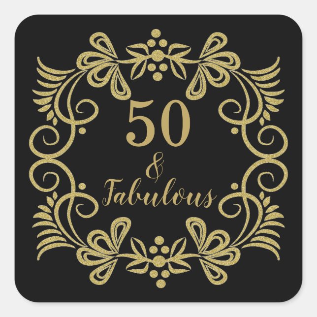 Elegant 50 und fabelhaft Schwarz und Gold Geburtst Quadratischer Aufkleber (Vorderseite)