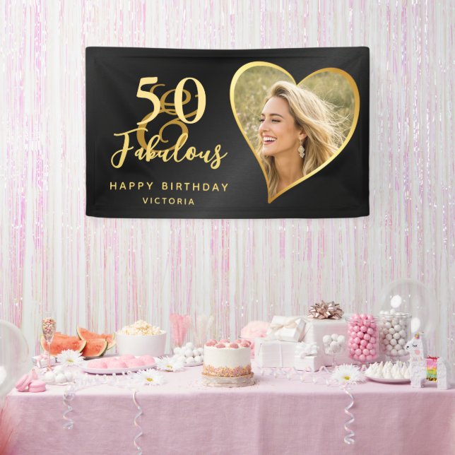 Elegant 50 und fabelhaftes Custom Foto Black Gold Banner (Party)