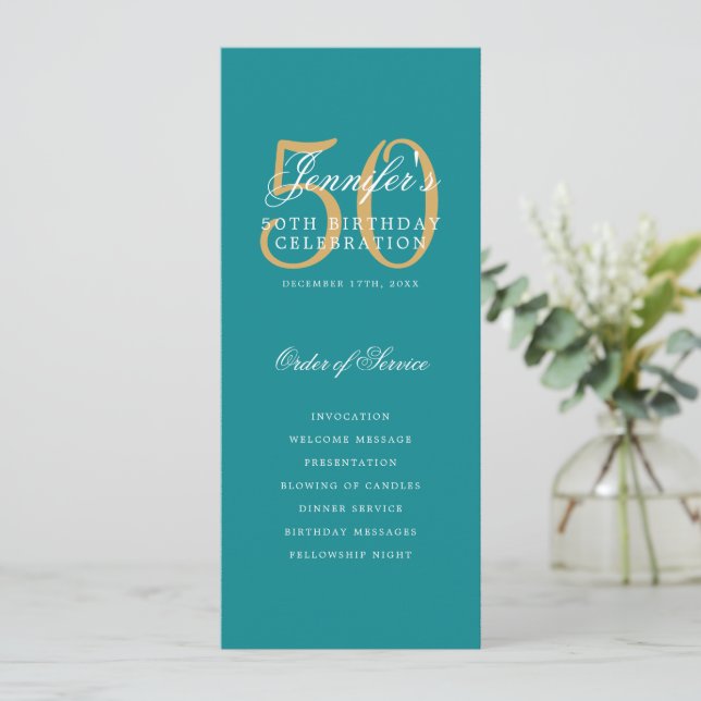 Élégant 50e Programme Gold Turquoise Menu+Merci (Debout devant)