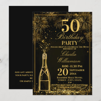 Elegant 50th Birthday Gold Bottle Fizz Einladung