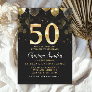 Elegant 50th Birthday Invitation with Gold Ballons Einladung