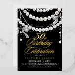 Elegant 50th Birthday Party Black & White Gold Folieneinladung<br><div class="desc">Stylish modern Birthday party invitation. Elegant handwritten calligraphy combined with a modern font on a dark black background complement each other and look harmonious at the same time.</div>