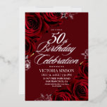 Elegant 50th Birthday Party Burgundy & Silver Folieneinladung<br><div class="desc">Stylish modern Birthday party invitation. Elegant handwritten calligraphy combined with a modern font on a dark black background complement each other and look harmonious at the same time.</div>