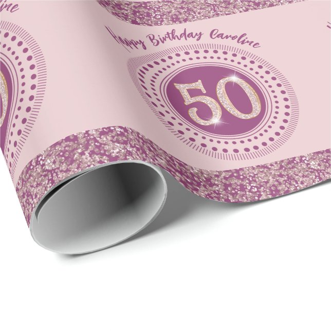 Elegant 50th Birthday Rose Gold Glitter & Stripes Geschenkpapier (Rolleneckpunkt)