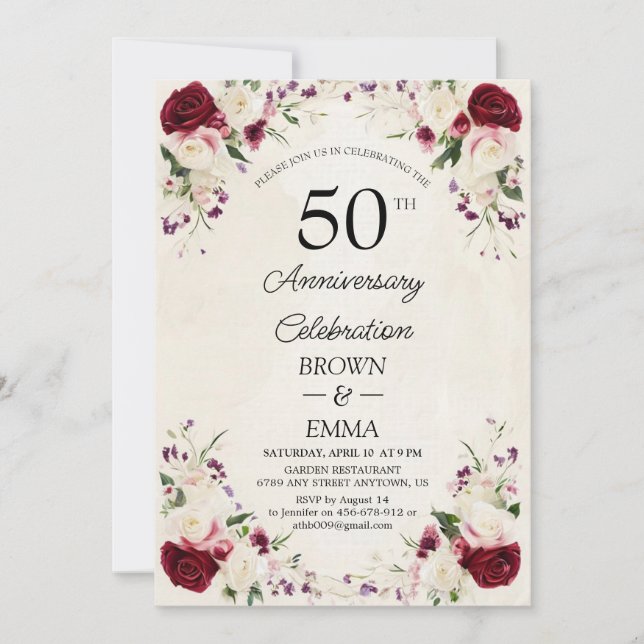 Elegant 50th Wedding Anniversary Floral Celebratio Einladung (Vorderseite)