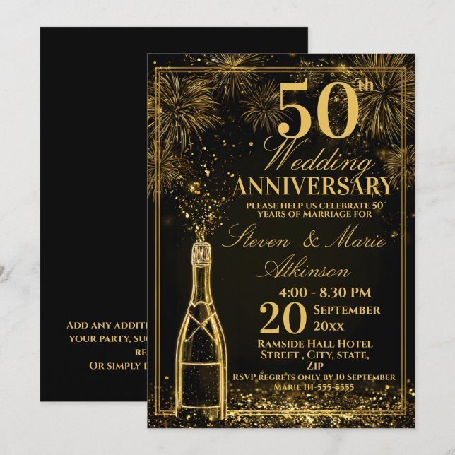 Elegant 50th Wedding Anniversary Gold Bottle Fizz Einladung (Vorne/Hinten)