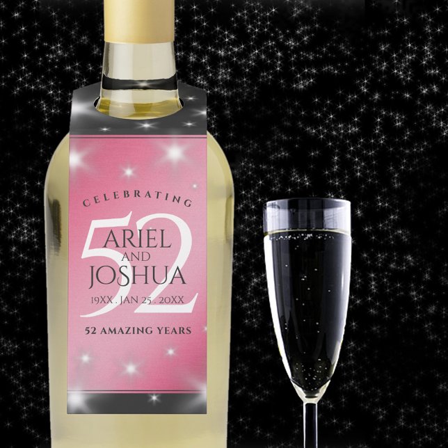 Elegant 52. Star Ruby Wedding Jubiläum Flaschenanhänger (52nd wedding anniversary bottle hanger with champagne flute on a starry night sky.)