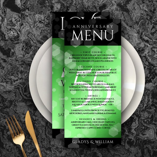 Elegant 55. Emerald Wedding Jubiläum Menükarte (Elegant 55th Emerald Wedding Anniversary Menu Rack Card Cover Photo.)