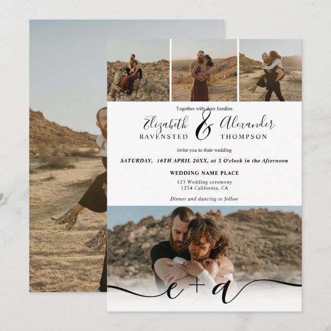 Elegant 5 Fotos moderne Drehbuch Hochzeit Schwarz- Einladung (Vorne/Hinten)