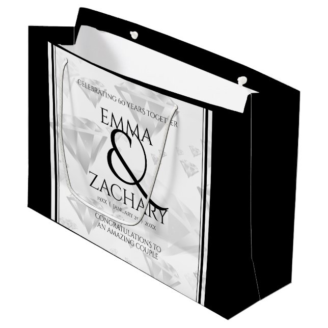 Elegant 60. 75. Diamond Wedding Jubiläum Große Geschenktüte (Vorderseite Schrägansicht)