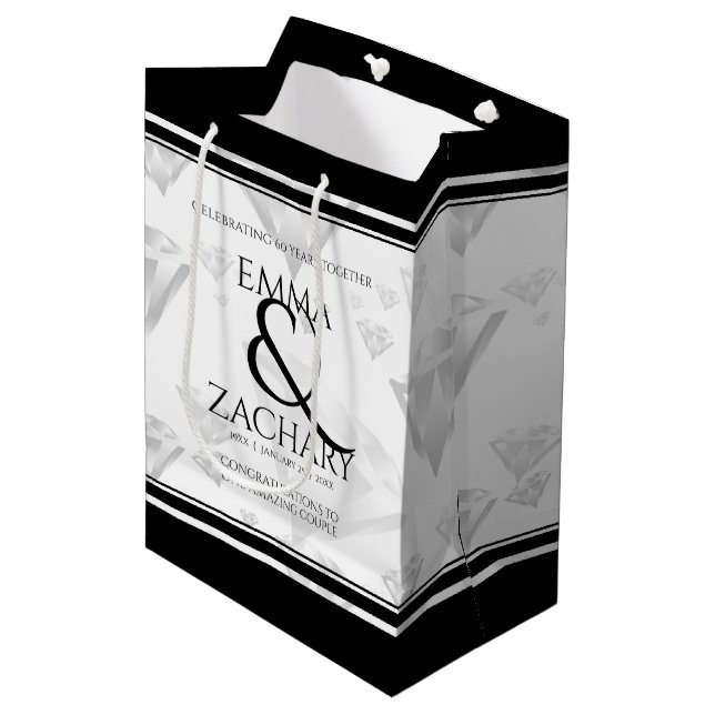 Elegant 60. 75. Diamond Wedding Jubiläum Mittlere Geschenktüte (Vorderseite Schrägansicht)