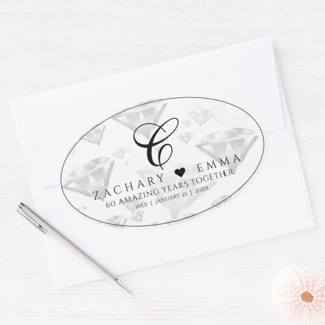 Elegant 60. 75. Diamond Wedding Jubiläum Ovaler Aufkleber (Umschlag)