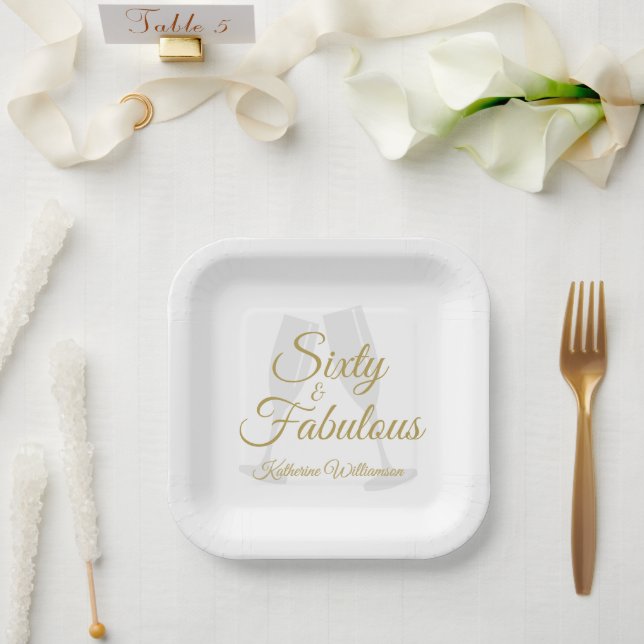 Elegant 60 and Fabulous Birthday Party White Gold  Pappteller (Hochzeit)