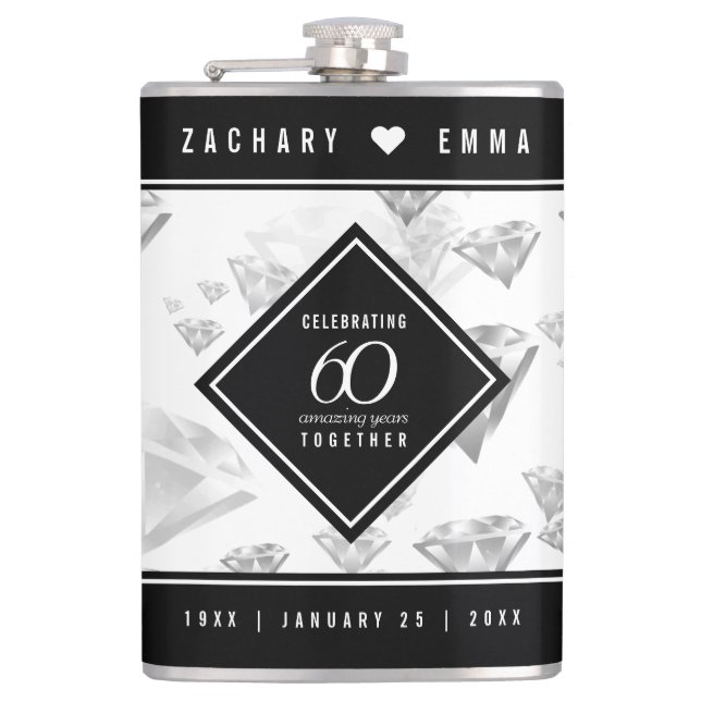 Elegant 60. Diamond Wedding Jubiläum Flachmann (Vorderseite)