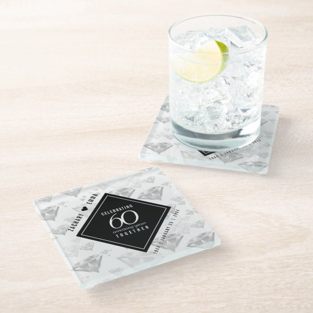 Elegant 60. Diamond Wedding Jubiläum Glasuntersetzer (Schrägansicht)