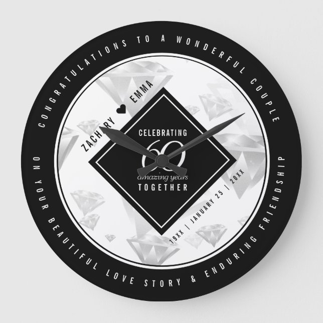 Elegant 60. Diamond Wedding Jubiläum Große Wanduhr (Vorderseite)