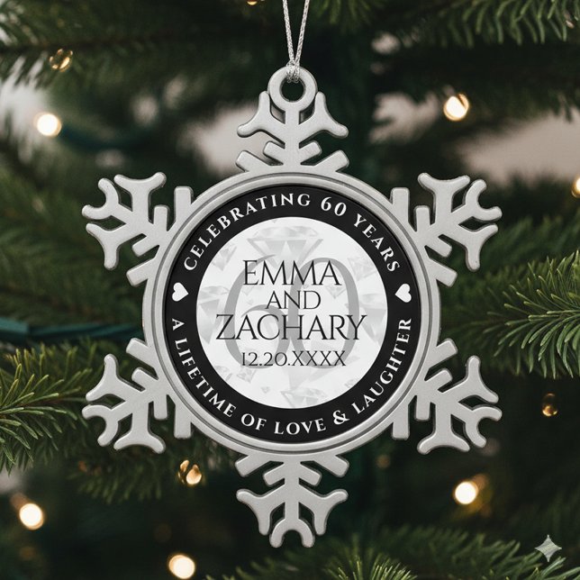 Elegant 60. Diamond Wedding Jubiläum Schneeflocken Zinn-Ornament (60th Diamond Wedding Anniversary Snowflake Pewter Ornament Cover Photo)