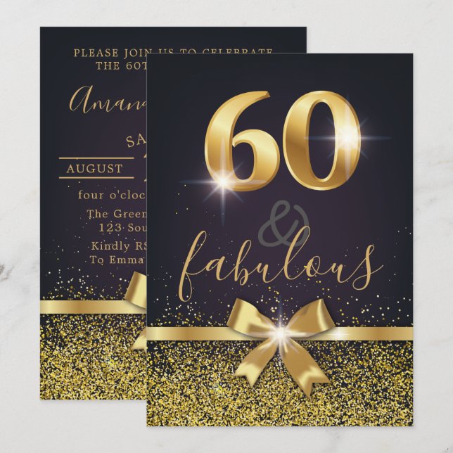 Elegant 60 & fabelhafte Gold Glitzer 60. Geburtsta Einladung (Vorne/Hinten)