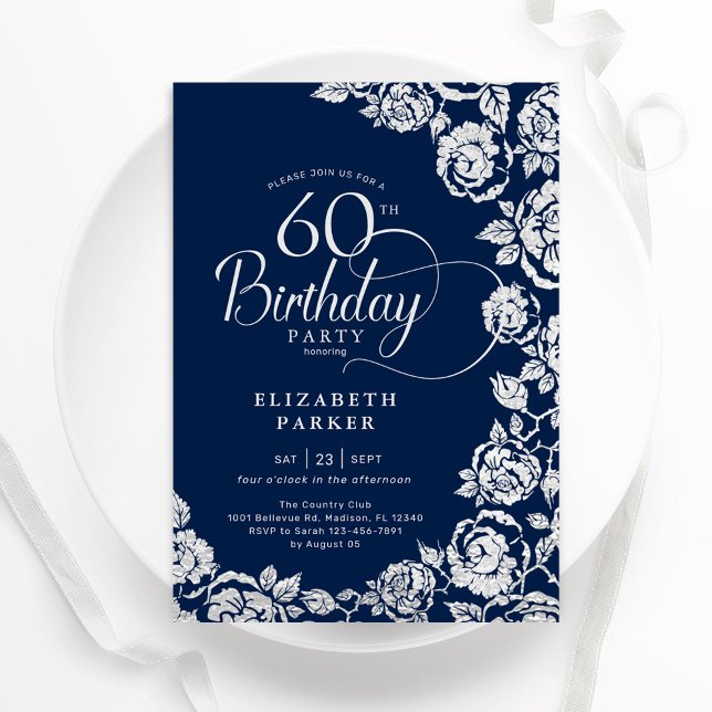 Elegant 60. Geburtstag Navy Silver Rose Einladung (Von Creator hochgeladen)