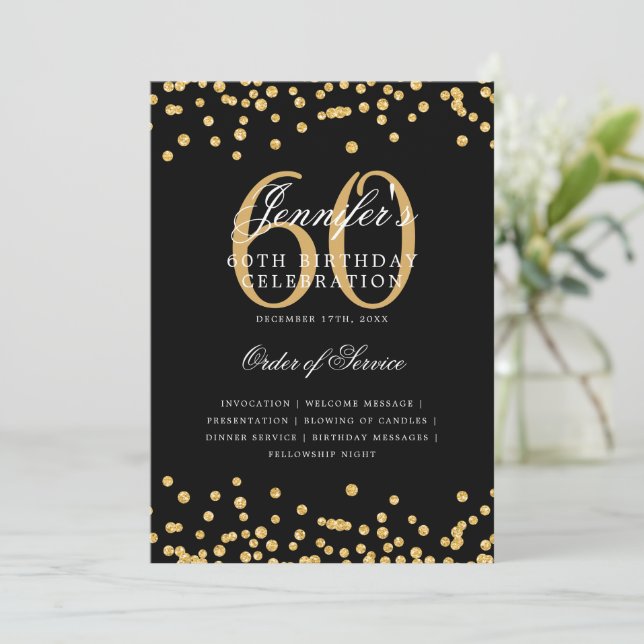 Elegant 60. Geburtstag Programm Menü Gold Black (Stehend Vorderseite)