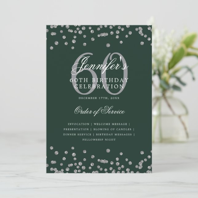 Elegant 60. Geburtstag Programm Menü Silver Green (Stehend Vorderseite)
