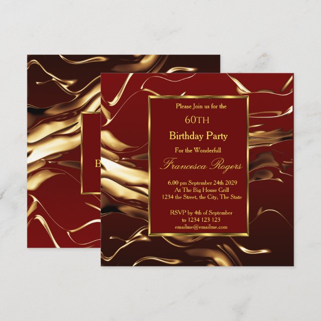 Elegant 60. Geburtstagsparty Gold Burgund Einladung (Vorne/Hinten)