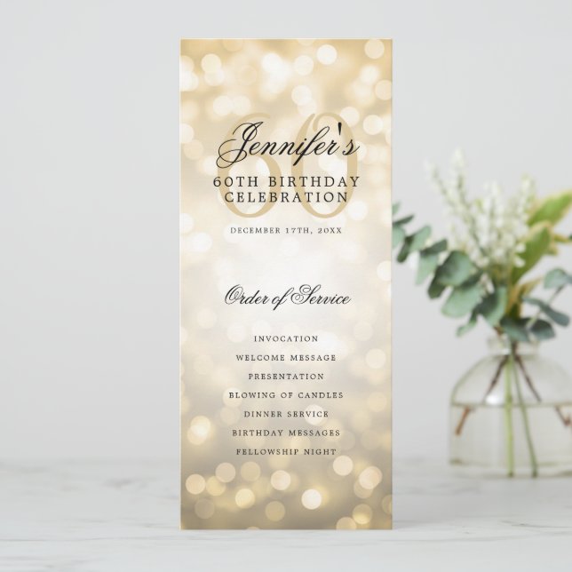 Elegant 60. Geburtstagsparty Programm Gold Bokeh (Stehend Vorderseite)
