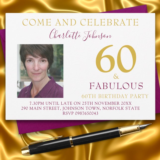 Elegant 60 und fabelhaftes Foto 60. Geburtstag Einladung (60 & Fabulous elegant burgundy and gold 60th birthday party invitation with photo template)