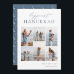 Elegant 6 Foto Collage Happiest Hanukkah Feiertagskarte<br><div class="desc">Freuen Sie sich auf diese modernen Hanukkah-Urlaubskarten,  die 6 Ihrer beliebtesten Fotos in einer Gitterkollektion enthalten. "Happiest Hanukkah" erscheint oben in der Hand mit Schriftzeichen und klassischen Serifenschriften. Personalisieren Sie mit Ihrem Familiennamen und dem Jahr unten rechts.</div>