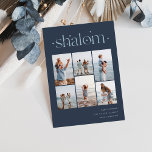 Elegant 6 Foto Collage Shalom Hanukkah Feiertagskarte<br><div class="desc">Freuen Sie sich auf diese modernen Hanukkah-Urlaubskarten,  die 6 Ihrer beliebtesten Fotos in einer Gitterkollektion enthalten. "Shalom" erscheint oben in zusammenhängenden Schriften,  die mit winzigen Sternen verziert sind. Personalisieren Sie Ihren Urlaub Gruß,  Familienname und das Jahr unten rechts.</div>