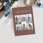 Elegant 6 Foto Collage Shalom Hanukkah Feiertagskarte<br><div class="desc">Freuen Sie sich auf diese modernen Hanukkah-Urlaubskarten,  die 6 Ihrer beliebtesten Fotos in einer Gitterkollektion enthalten. "Shalom" erscheint oben in zusammenhängenden Schriften,  die mit winzigen Sternen verziert sind. Personalisieren Sie Ihren Urlaub Gruß,  Familienname und das Jahr unten rechts.</div>