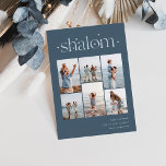 Elegant 6 Foto Collage Shalom Hanukkah Feiertagskarte<br><div class="desc">Freuen Sie sich auf diese modernen Hanukkah-Urlaubskarten,  die 6 Ihrer beliebtesten Fotos in einer Gitterkollektion enthalten. "Shalom" erscheint oben in zusammenhängenden Schriften,  die mit winzigen Sternen verziert sind. Personalisieren Sie Ihren Urlaub Gruß,  Familienname und das Jahr unten rechts.</div>