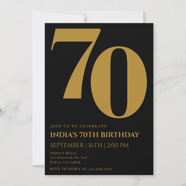 Elegant 70 Black & Gold 70. Geburtstag Einladung (Vorderseite)