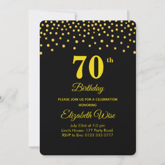 Elegant 70. Geburtstag & Gold Confetti auf schwarz Einladung