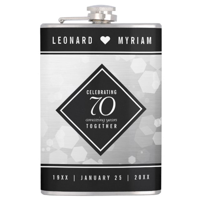 Elegant 70. Platinum Hochzeitstag Flachmann (Vorderseite)
