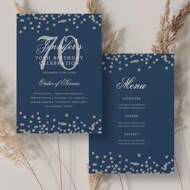 Élégant 70e anniversaire Menu du programme Silver  (Elegant 70th Birthday Program Menu Silver Navy)