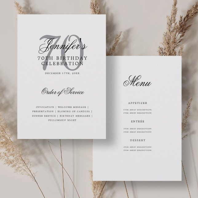 Élégant 70e anniversaire programme Argent avec men (Elegant 70th Birthday Program Silver w/ Menu)