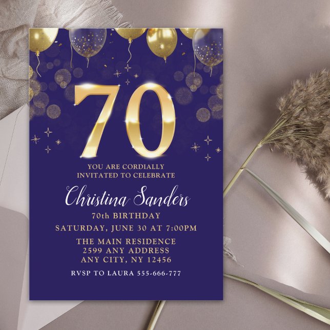 Elegant 70th Birthday Invitation with Gold Ballons Einladung (Von Creator hochgeladen)