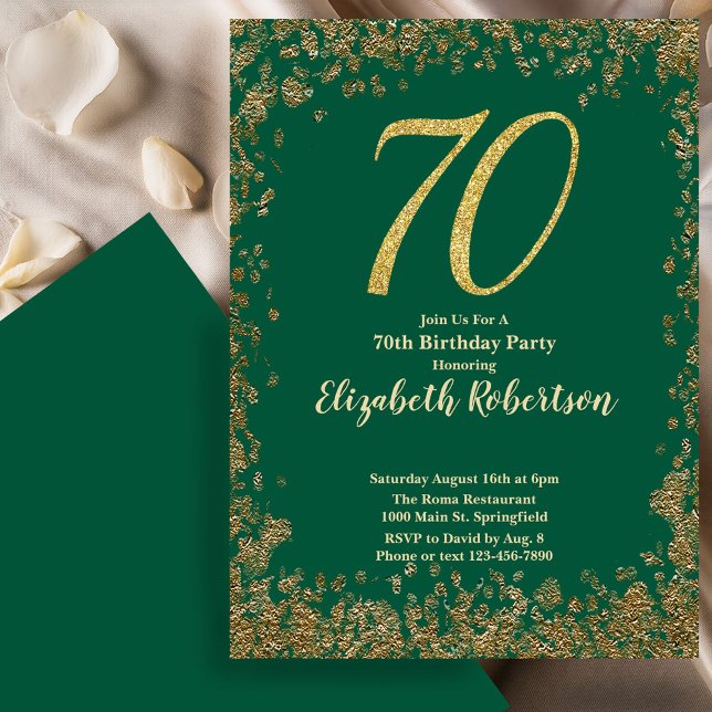 Elegant 70th Green Birthday Invitation Gold Sequin Einladung (Von Creator hochgeladen)