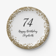 Elegant 74th Birthday Plates With Gold Sequins