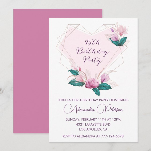 Elegant 75. Geburtstag Einladungen Pink Floral (Vorne/Hinten)