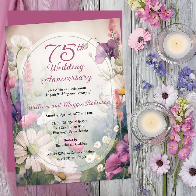 Elegant 75th Wedding Anniversary Party Floral Einladung (Elegant 75th Wedding Anniversary Invitation with Soft Spring Florals and Arch Frame -Print | Digital)