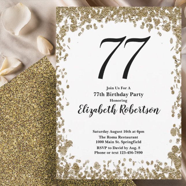 Elegant 77th Birthday Invitation With Gold Sequins (Créateur téléchargé)