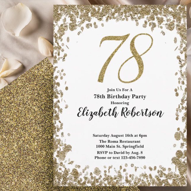 Elegant 78th Birthday Invitation With Gold Sequins (Créateur téléchargé)