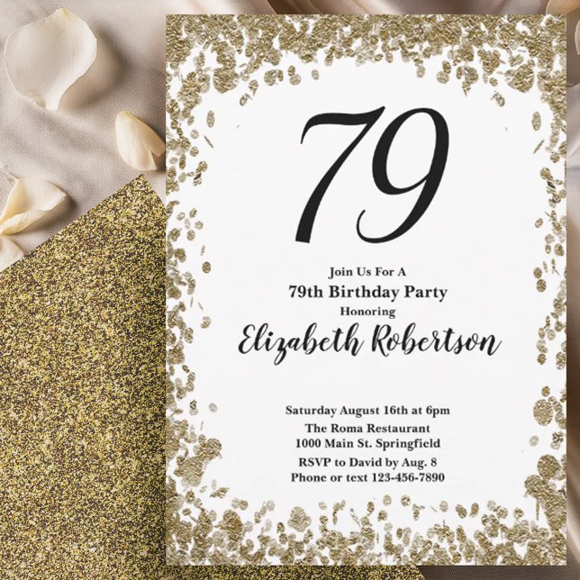 Elegant 79th Birthday Invitation With Gold Sequins Einladung (Von Creator hochgeladen)