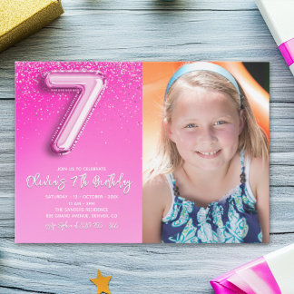 Elegant 7th Birthday girl with photo Numer Ballon Einladung