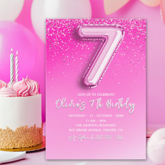 Elegant 7th Birthday Girl with Pink Number Balloon Einladung
