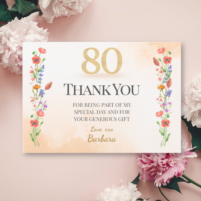 Elegant 80. Geburtstag - 80 Jahre Wildblumen Dankeskarte (Von Creator hochgeladen)