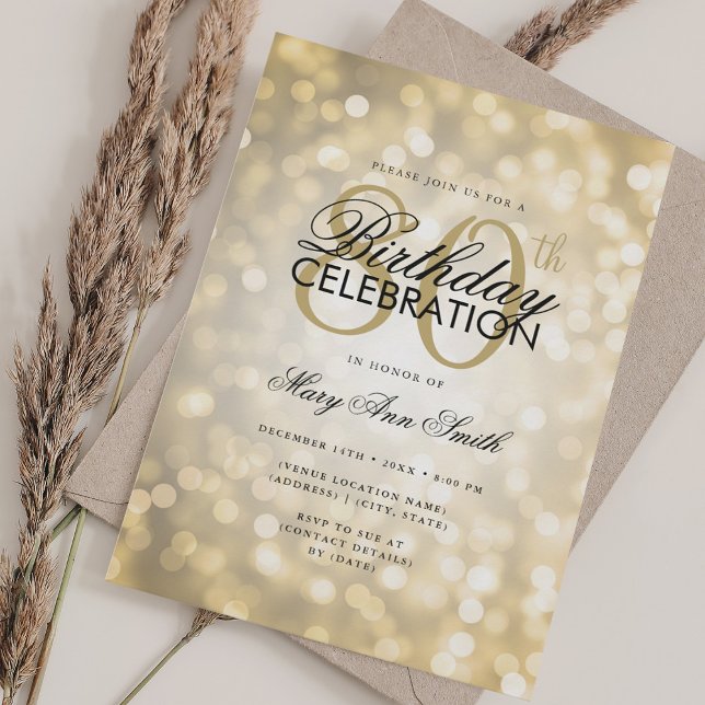 Elegant 80. Geburtstag Glam Goldschimmer Lichter Einladung (Elegant 80th Birthday Glam Gold Shimmer Lights Invitation)